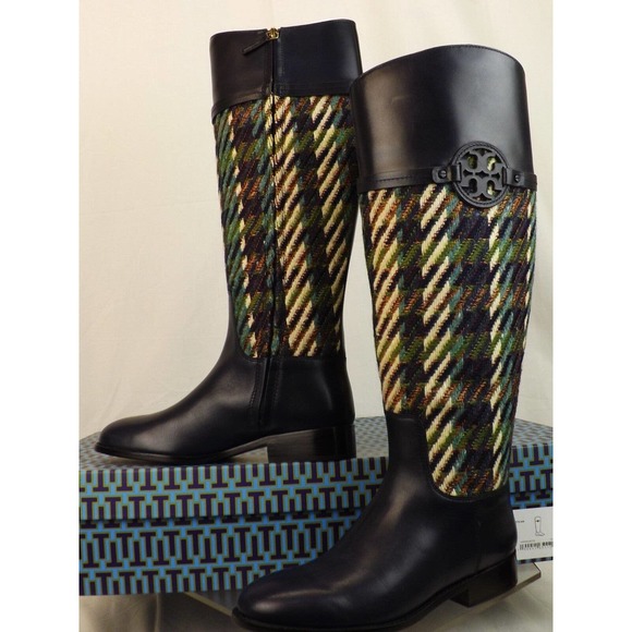 TORY BURCH MILLER BRIGHT NAVY GREEN DOGTOOTH TWEED LEATHER REVA RIDING BOOT 10.5